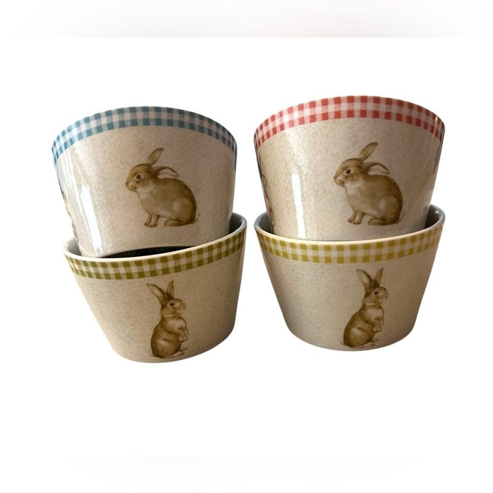 222 Fifth Bunny Land Gingham Rabbit Bowls - Blue, Pink, Yellow Tan- 4 Bowls